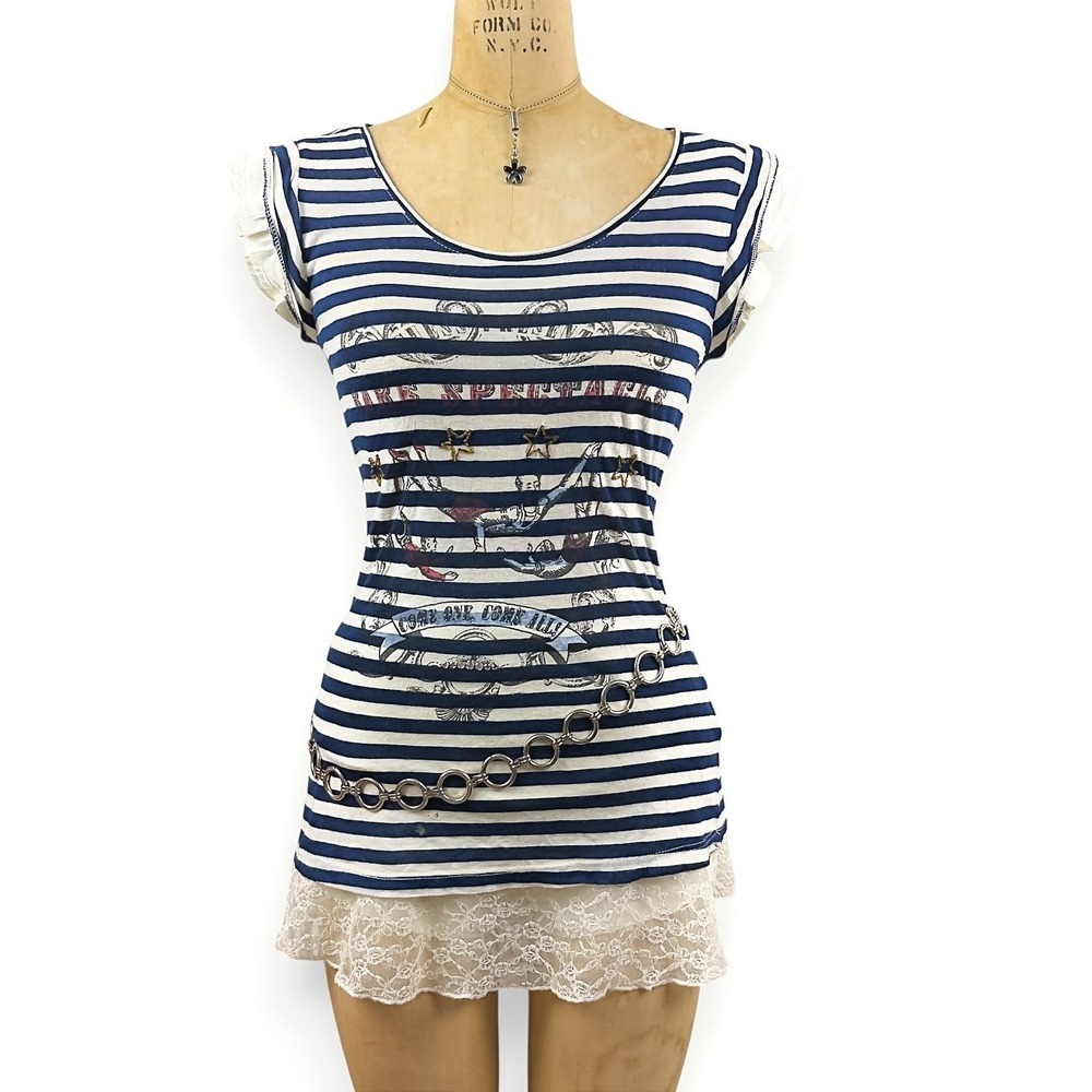 Vintage Guess Nautical Striped Top Size M Ruffle Trim Coquette Eclectic 2000s